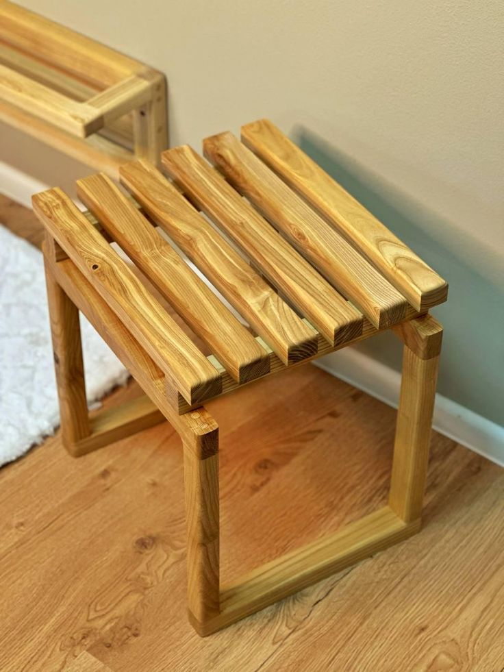 Handcrafted Slatted Wooden Stool & Side Table